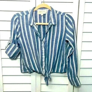 Anthropologie Cloth & Stone Linen Blend Striped Button Up Crop Top Size XS